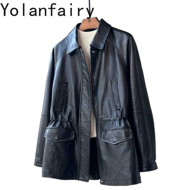 

YOLANFAIRY Real Sheepskin Leather Trench Coat Woman 2026 Elegant Waisted Genuine Leather Jacket Women Fashion Coats and Jackets