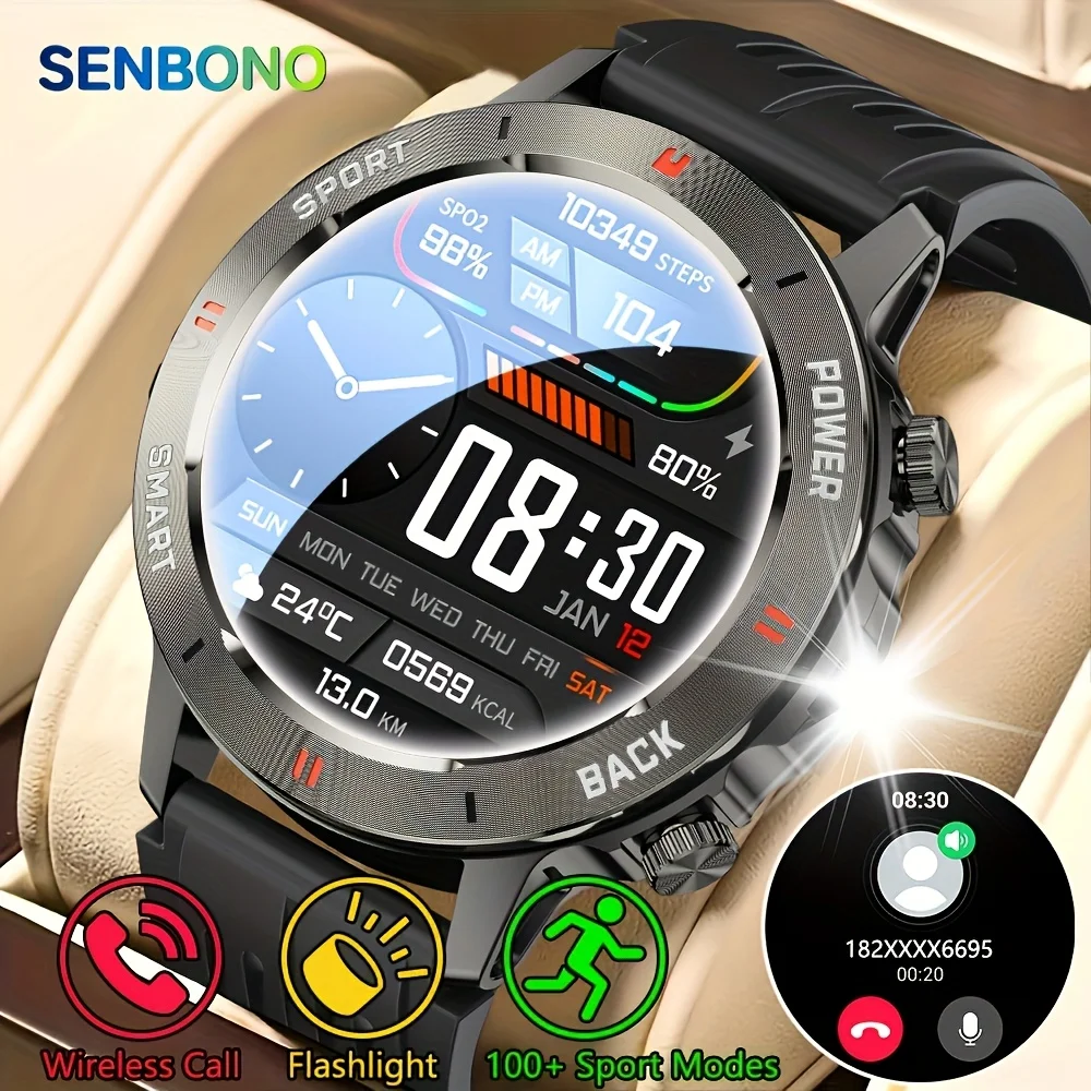 

SENBONO 2026 New Smart Watch for Men Bluetooth Call Fitness Tracker LED Flashlight Waterproof Sport Smartwatch for Android iOS