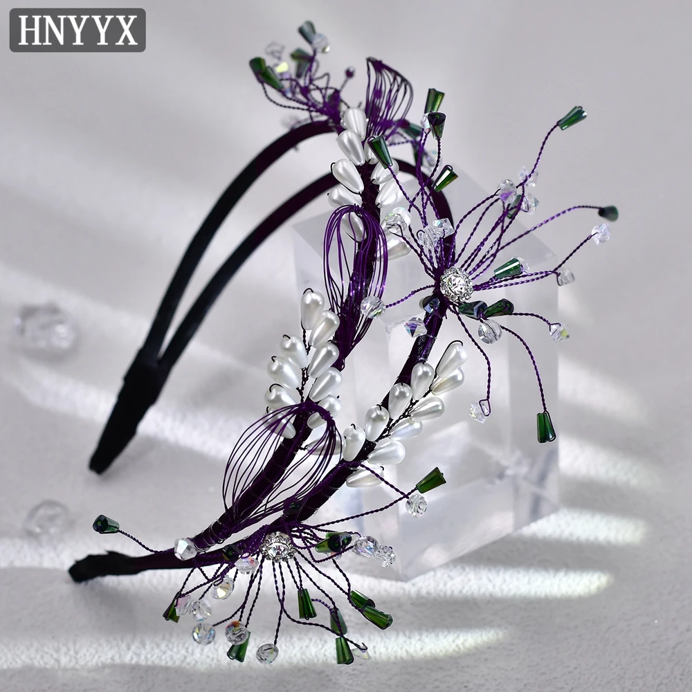 

HNYYX Pearl Headband Purple Crystal Beaded Hair Hoop Vintage Flowers Rhinestone Head Wear Wedding Hair Accessories for Women A61