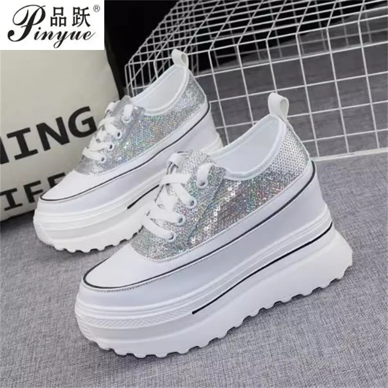 Women Platform Sneakers Spring Lace-up Bling Shoes Fashion High Top Casual Vulcanized shoes Woman Deportivas Mujer 34 40