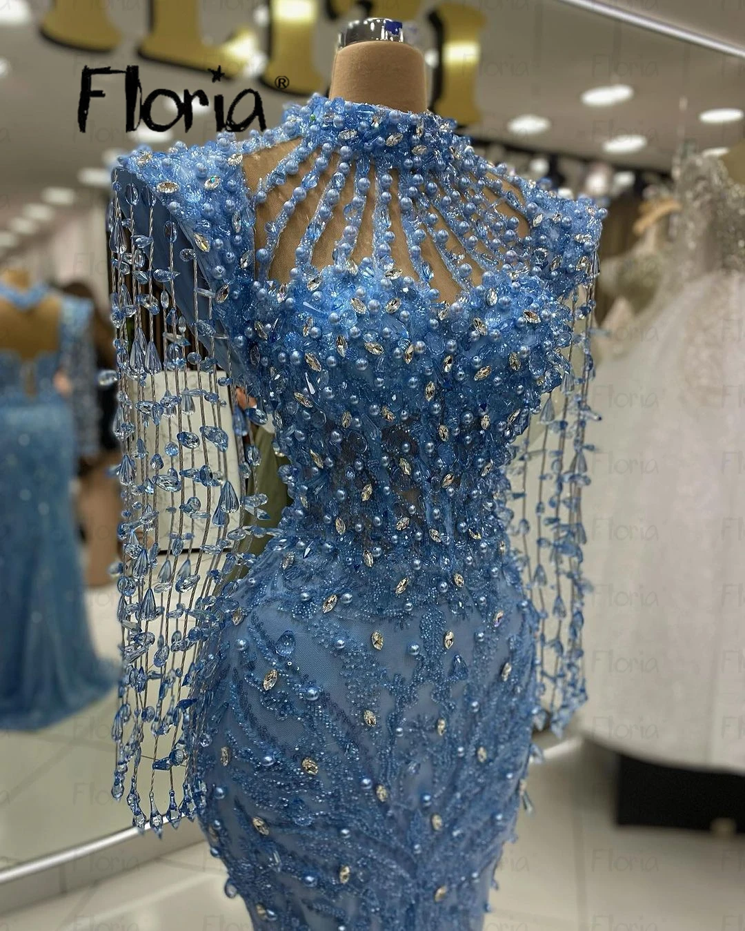 Floria-Vestido largo de sirena con cuello de ilusión, traje de noche con cristales y borlas, con cuentas, de lujo, para fiesta de boda, novia,