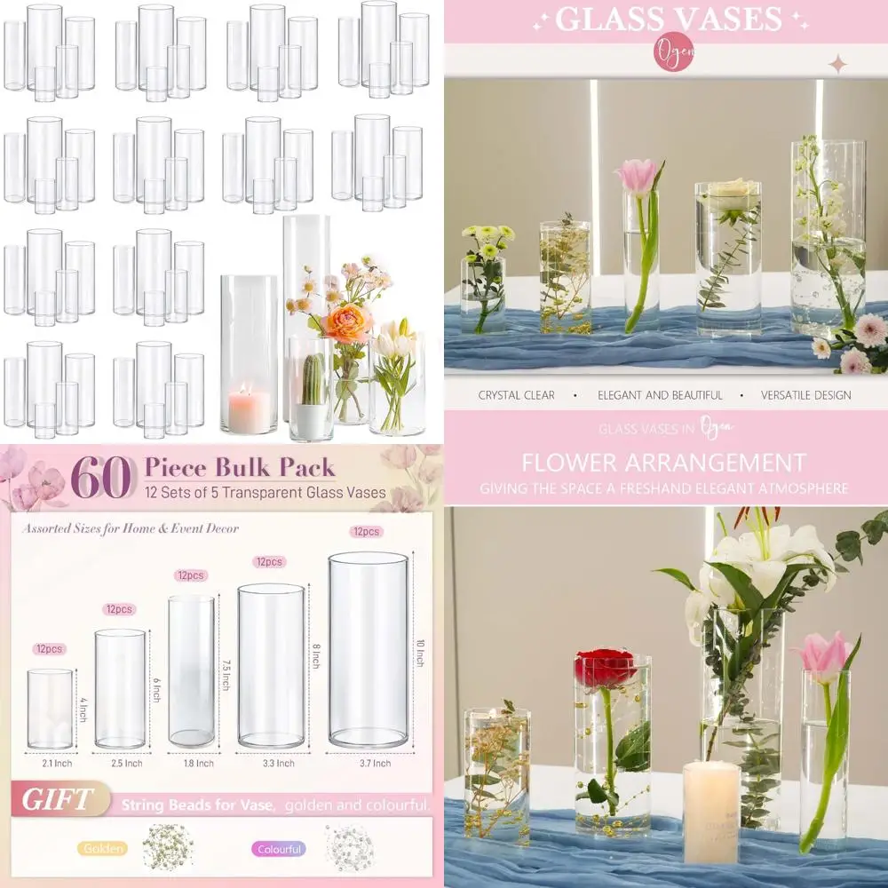 مزهريات أسطوانية من الزجاج الشفاف - 60 عبوة للقطع المركزية الأنيقة وترتيبات زهور الطاولة لديكور المنزل #1
