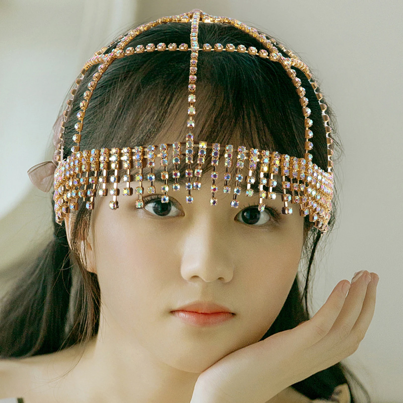 

Rhinestone Tiara Mesh Headband Stable Headpiece Jewelry Women Alloy Fashion Party Bridal Headdress Flapper Accessories Tassel