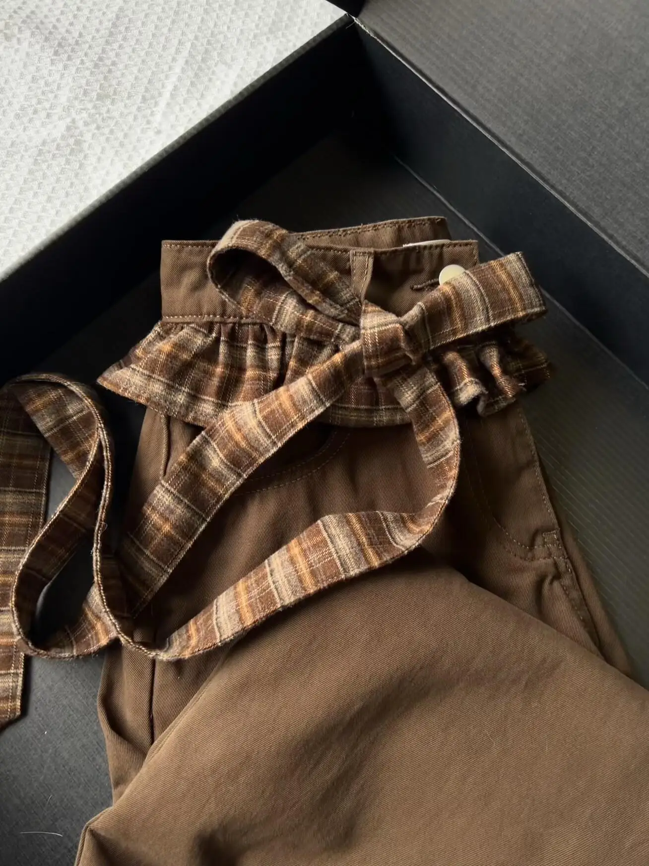 

Retro Hong Kong Sle Plaid Splicing Wide Leg Denim Pants Women's Autumn Season Small ence Knot Belt Design Sen...