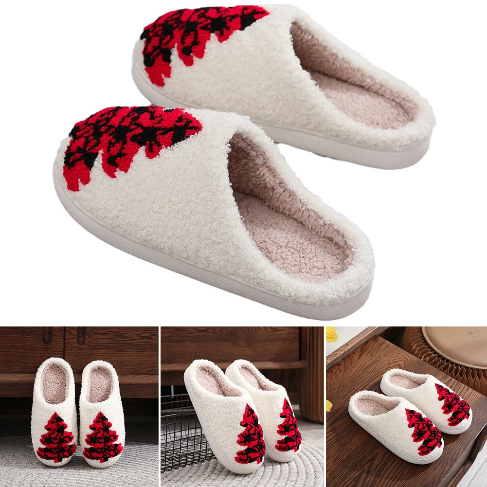 Christmas Slippers Women Men Warm Plush Home Slipper Non-Slip Christmas Tree Cotton Slipper House Flat Floor Soft Slides Slipper