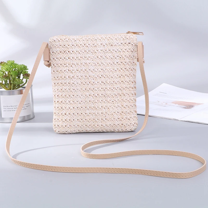 Straw Plait Small Square Bags One Shoulder Slanted Cross Bag Handbag Coin Purses Casual Holiday Beach Bag - Beige