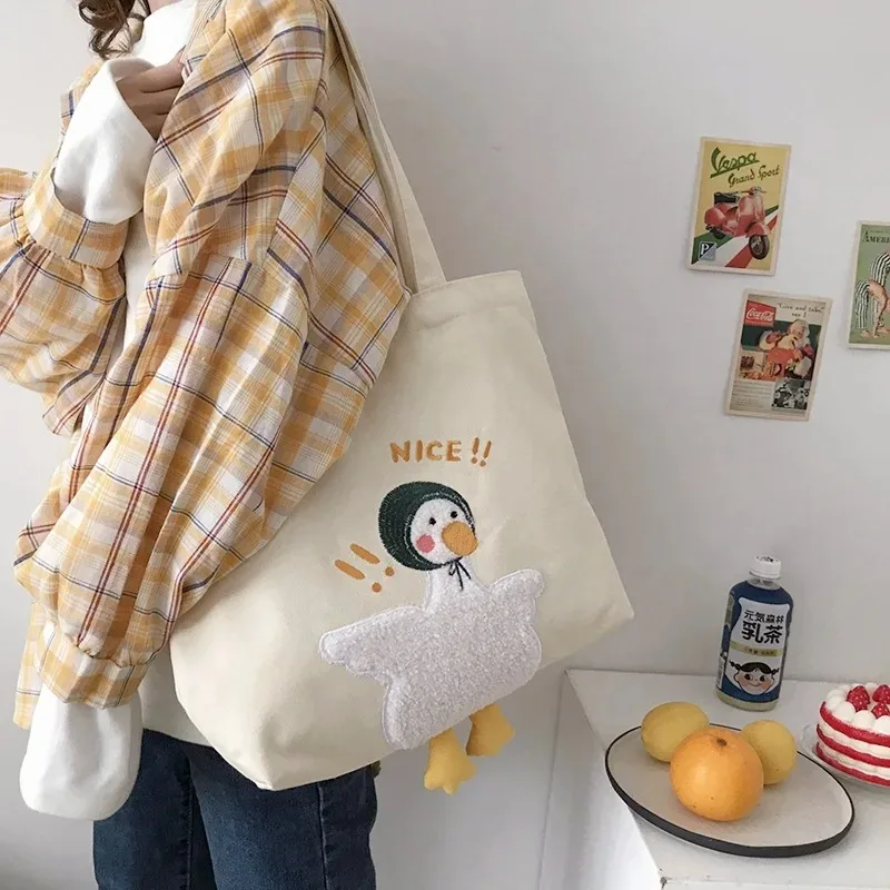 Women Tote Canvas New Fashion Large Capacity Cartoon Cute Duck Embroidery Student Shoulder Bag