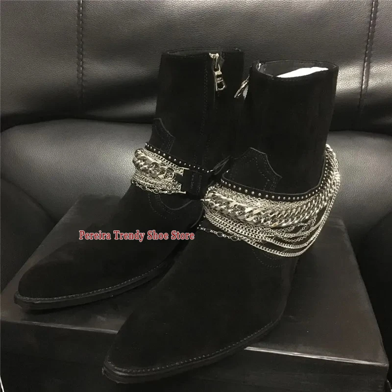 Men's Metal Chain Suede Chelsea Boots Spring Summer Trendy Pointed Toe Side Zipper Short Boots Luxury Party Wedding Dress Shoes