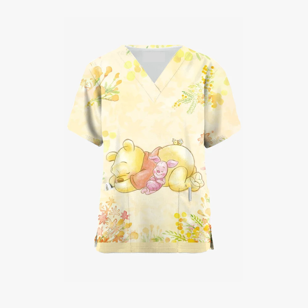 جديد فرك الطبية المرأة ملابس على شكل حرف v ديزني ويني ذا بوه الكرتون البيطرية سبا التمريض البنطال القصير المرأة الزي الطبي