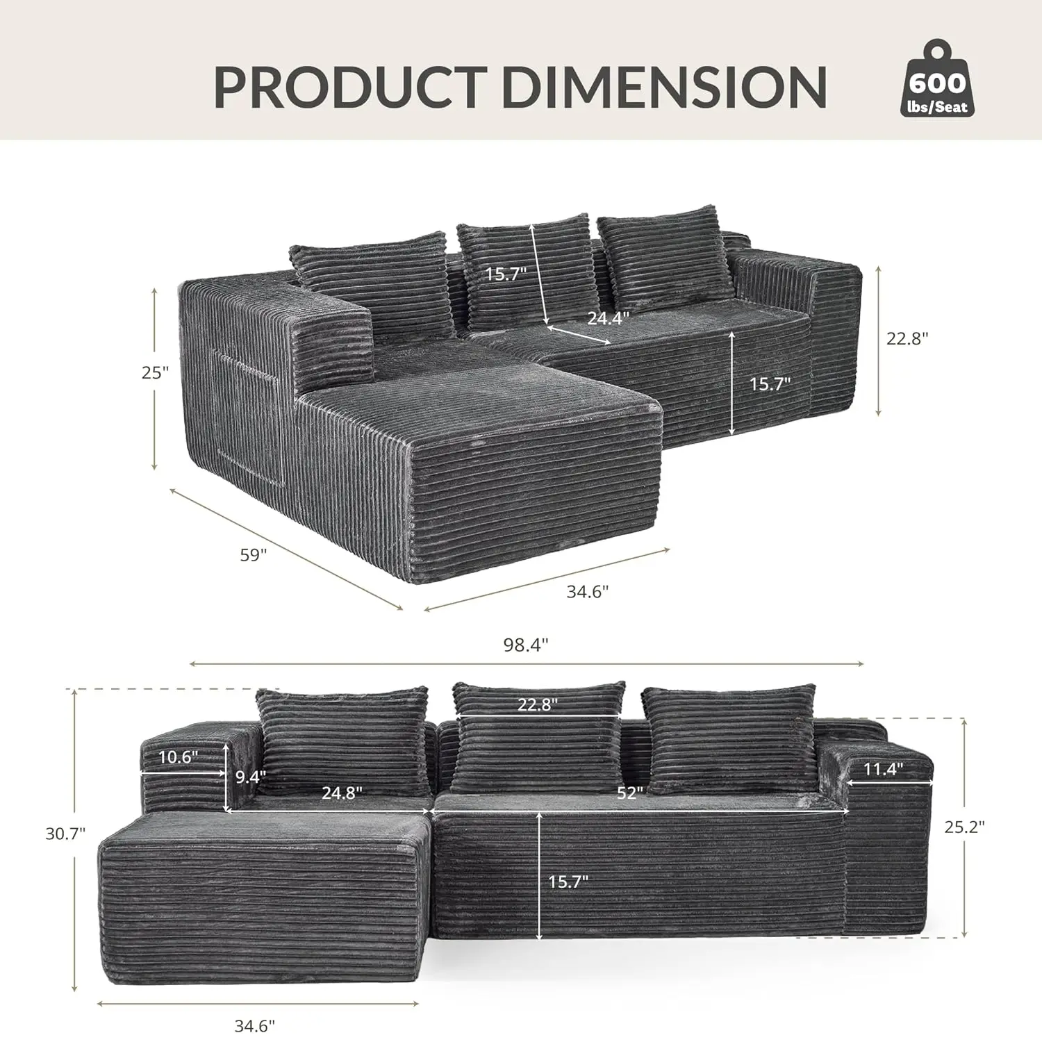 Modular L-Shape Boneless Sectional Sofa For Living Room 99