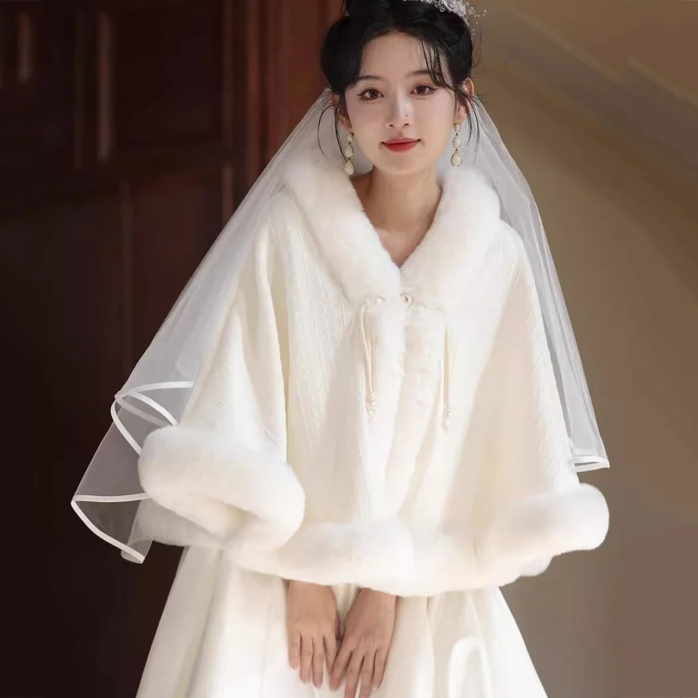 Thicken Woven Cotton Feel Faux Fur Trims Cape Poncho Women Winter Cheongsam Party Wedding Dress Shawl Wraps Elegant Noble