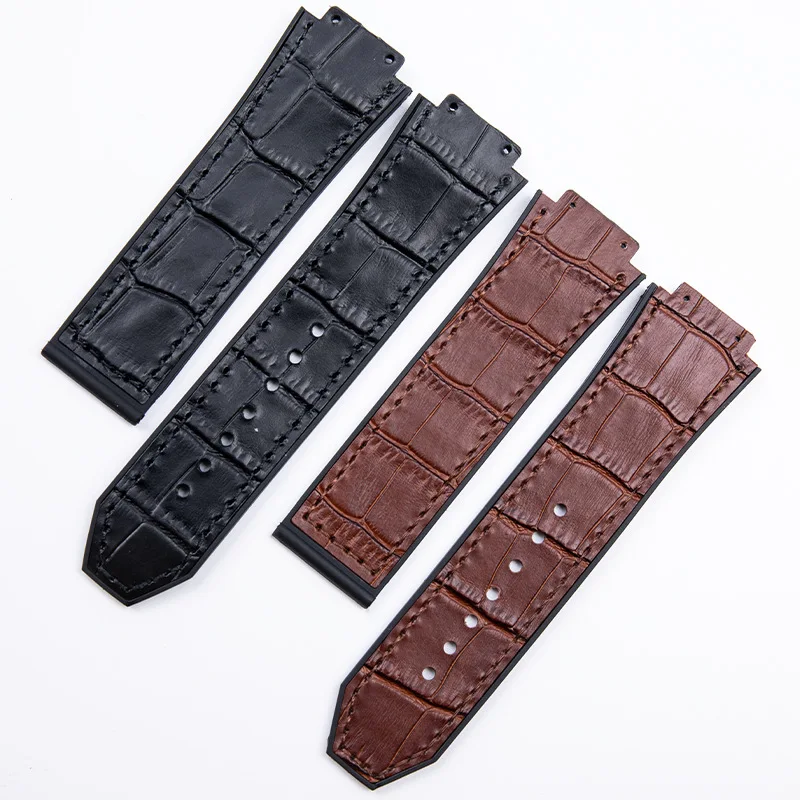 

For Hublot strap BIG BANG Watchband stainless buckle free tool Men New real cow leather Rubber Watchband 26*19mm Brown Black