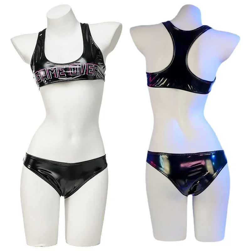 Anime Cyberpunk GAMEOVER Print Pu charol camiseta sin mangas y pantalones cortos traje Cosplay disfraz Sexy ropa interior camisón Roleplay Lencería