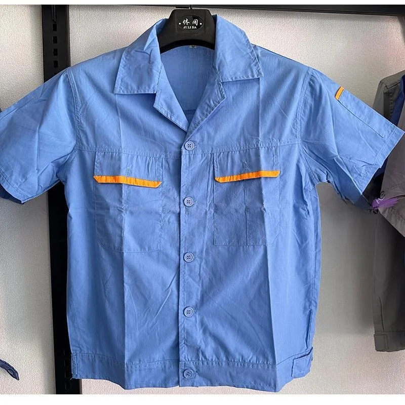 メンズ半袖無地薄手吸汗通気性長袖作業服プリントロゴ襟付き工場作業着