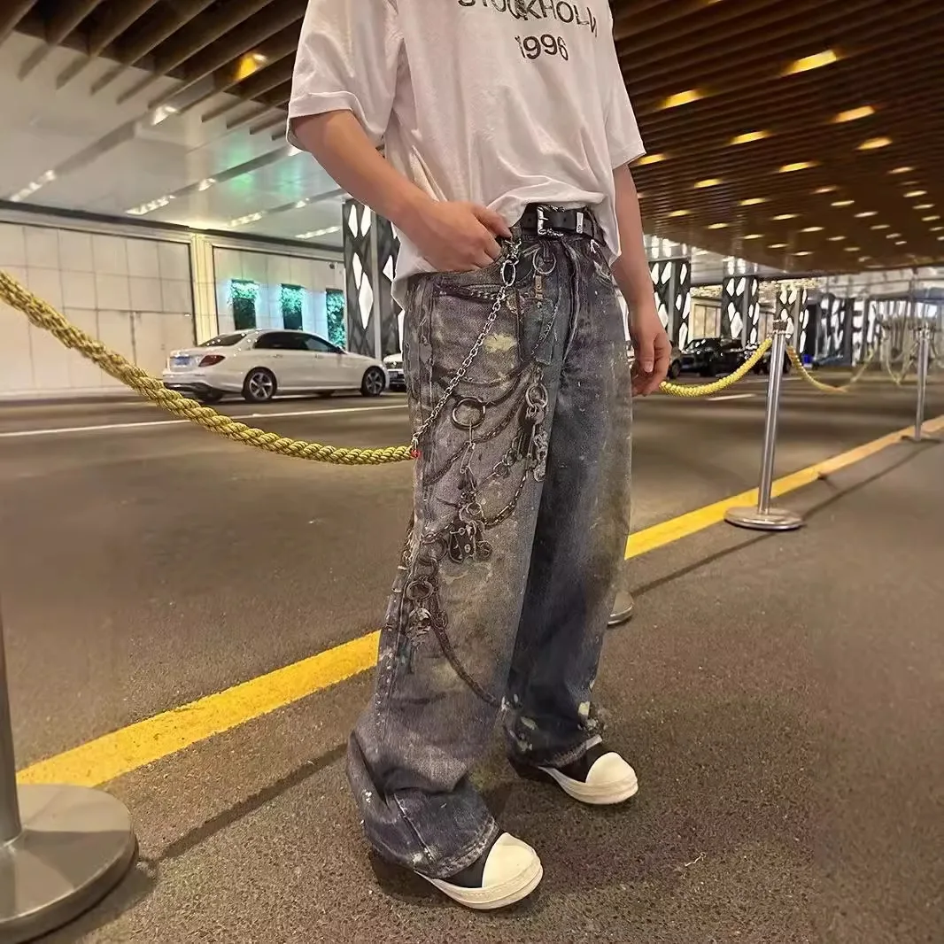 

Retro Hip-hop Style Street Jeans Creative Three-dimensional Pants Chain 3D Print Straight Denim Trousers Streetwear Men Clothing