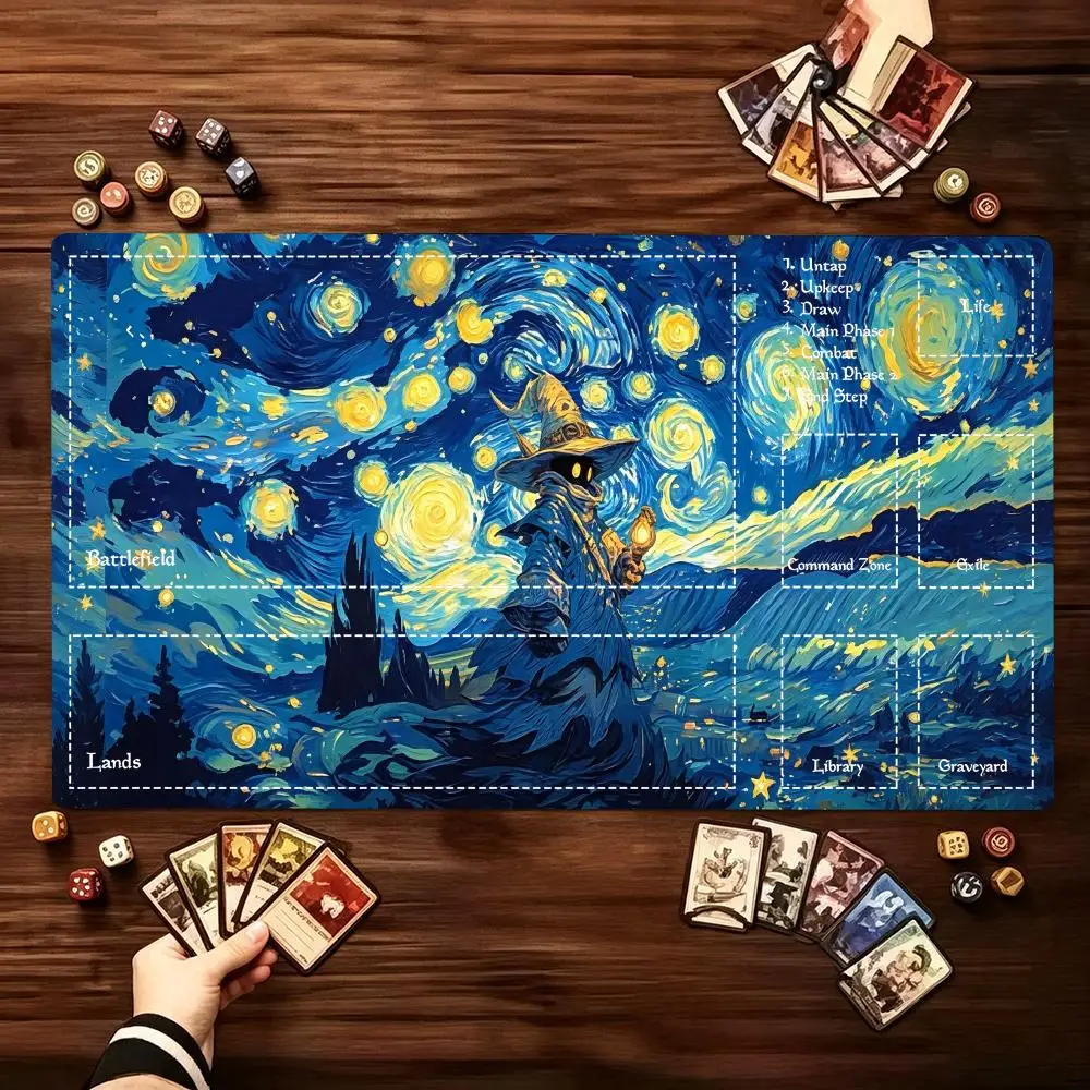 Van Gogh Starry Sky Wizard Extended Game Mat Non-Slip Rubber Base Stitched Edges Large Play Mat For Tabletop Trading Card Gaming