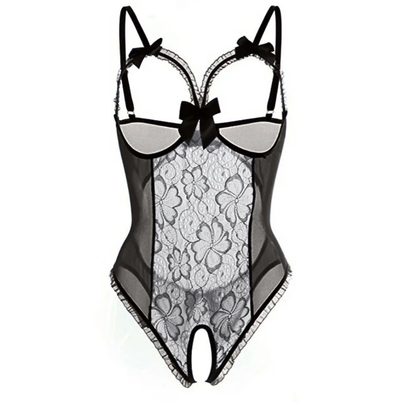 Women's Sexy Lace Crotchless Bodysuit, Sheer Mesh Spaghetti Strap with Bow Detail, Lingerie for Nightwear & Date Night