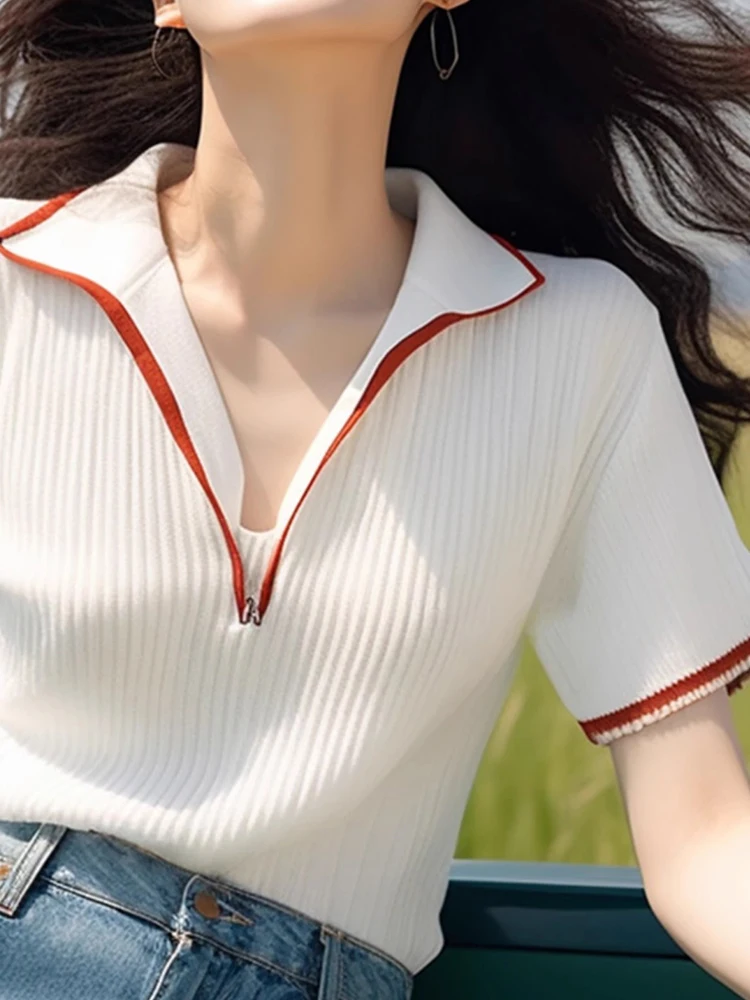 Faionable Top lavorato a maglia in seta ghiacciata f Zip ort Sve Base per pendolari irt Design Sensation Linea di colori a contrasto Estate Sle