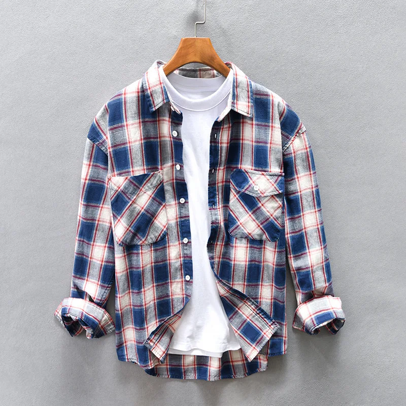 

British Style Plaid Shirts for Men Autumn Daily Casual Pure Cotton Long Sleeve Double Pockets Loose Shirts Vintage Camisa Hombre