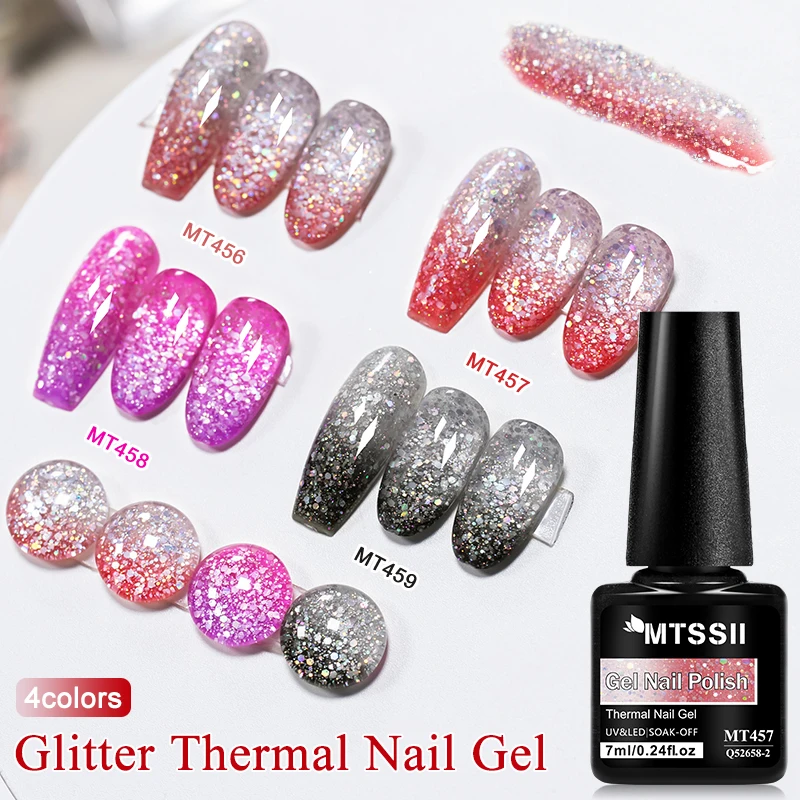 7ml Glitter Thermal Nail Gel Polish Temperature Color Changing Soak‑Off UV LED Gel Varnish Sequins Sparkling Semi‑Permanent Nail