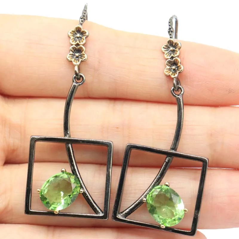 

Buy 4 Get 1 Free 47x20mm Cool Black Metal Smokey Topaz Green Amethyst Green Tsavorite Garnet Women Present Silver Earrings