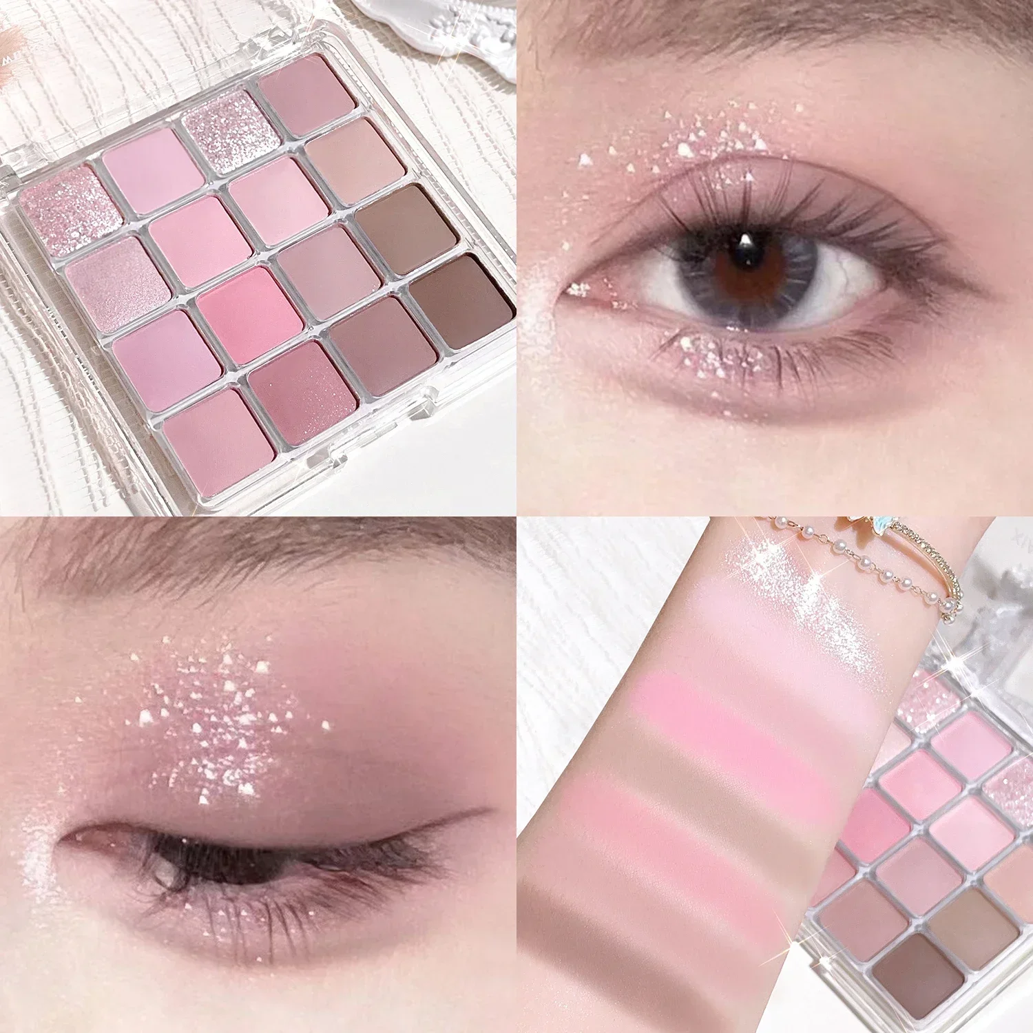 16 Colors Pink Peach Pearly Matte Eyeshadow Palette Glitter Earth Color Eye Shadow Pigment Waterproof Lasting Korean Cosmetics