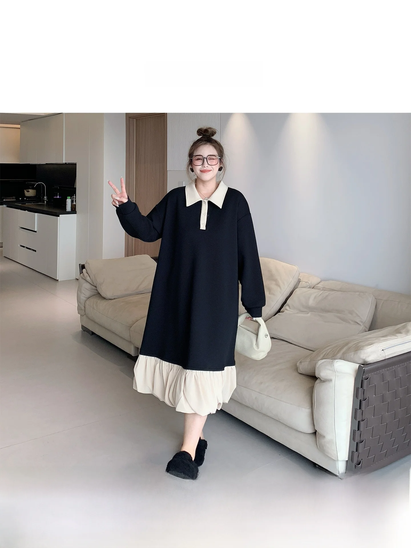 

Yuanzi Home, большие размеры, осенние корейские простые ne круглые брюки с рюшами, повседневные длинные трапециевидные платки с высокой талией