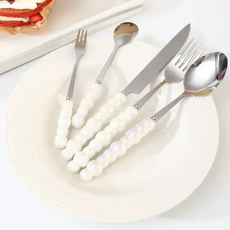 Stainless Steel Knife Fork Spoon 3/5 Pcs Dinnerware Set Light Luxury European Colorful Pearl Tableware Kit As Gifts Dropshipping