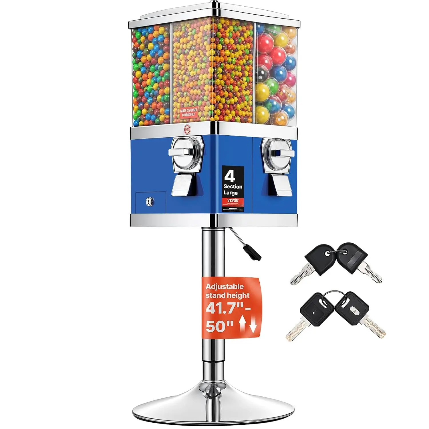 Commercial Vending Machine, Four Compartment Rotatable Gumball and Candy Dispenser, Adjustable Height Coin Operated Candy Bank w