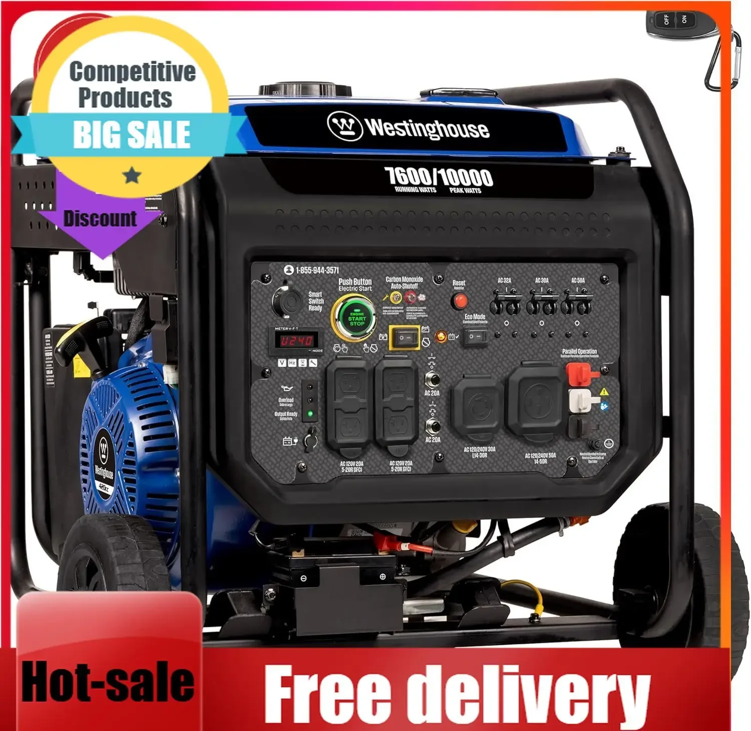 

Home Backup-10000 Peak Watt Portable Open Frame Inverter Generator, Remote Electric Start With Auto Choke, Transfer Switch Ready