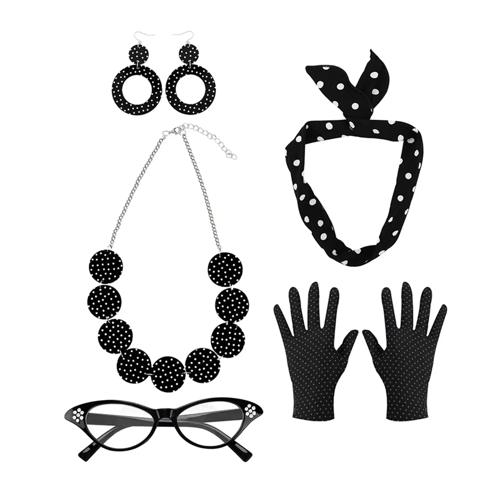 

Ретро 1950-х годов женский костюм комплект очки перчатки в горошек для Хэллоуина для взрослых черный