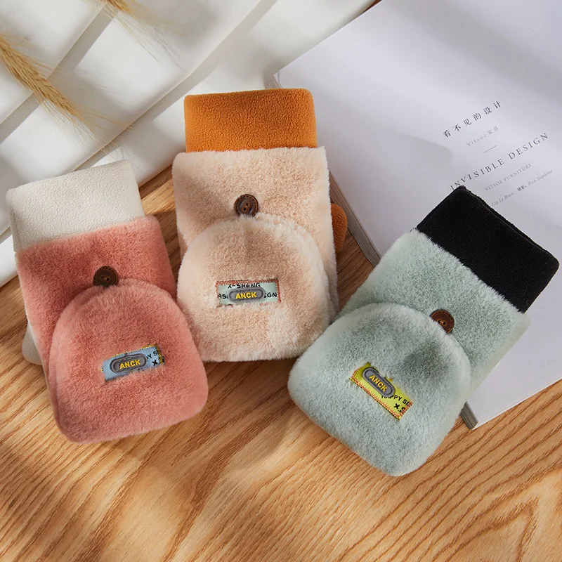 Autumn Winter Baby Cute Cartoon Flower Gloves Thickened Warm Cold-proof Boys Girls Flip Cute Half-finger Child Warm Finger Cots