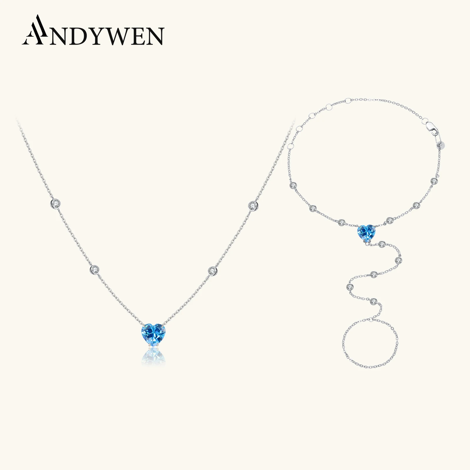 

ANDYWEN 925 Sterling Silver Heart Set, Aquamarine Blue Zircon Pendant & Fine Chain, Minimalist Luxury Jewelry Women Gift