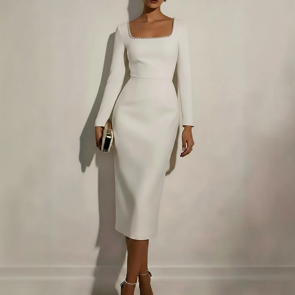 Inverno outono meados de comprimento a linha vestido em torno do pescoço manga reta corpo-encaixe estilo europeu vestido feminino