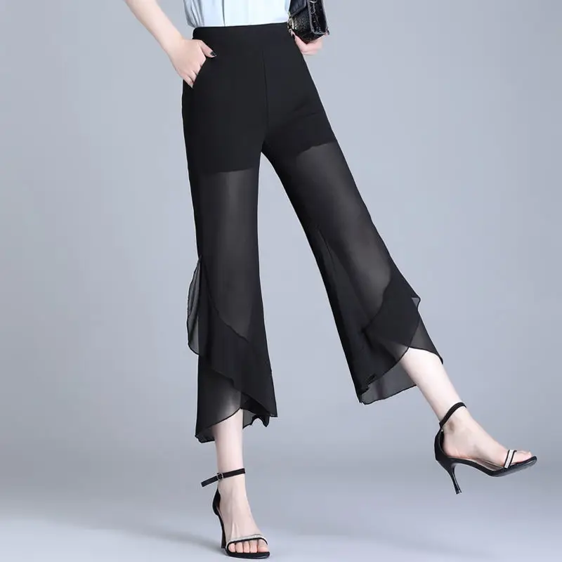 

2024 Summer Commuting Women Perspective Wide Leg Bare Pants Casual Chiffon Fish Tail Micro La Elastic Waist Cropped pants Z416