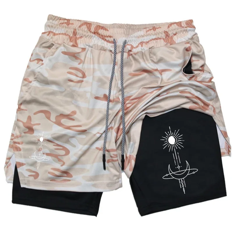 Sun and Moon Print 2 in 1 Running Shorts for Men Gym Workout Compression Shorts with Phone Pocket Towel Loop Summer Sport