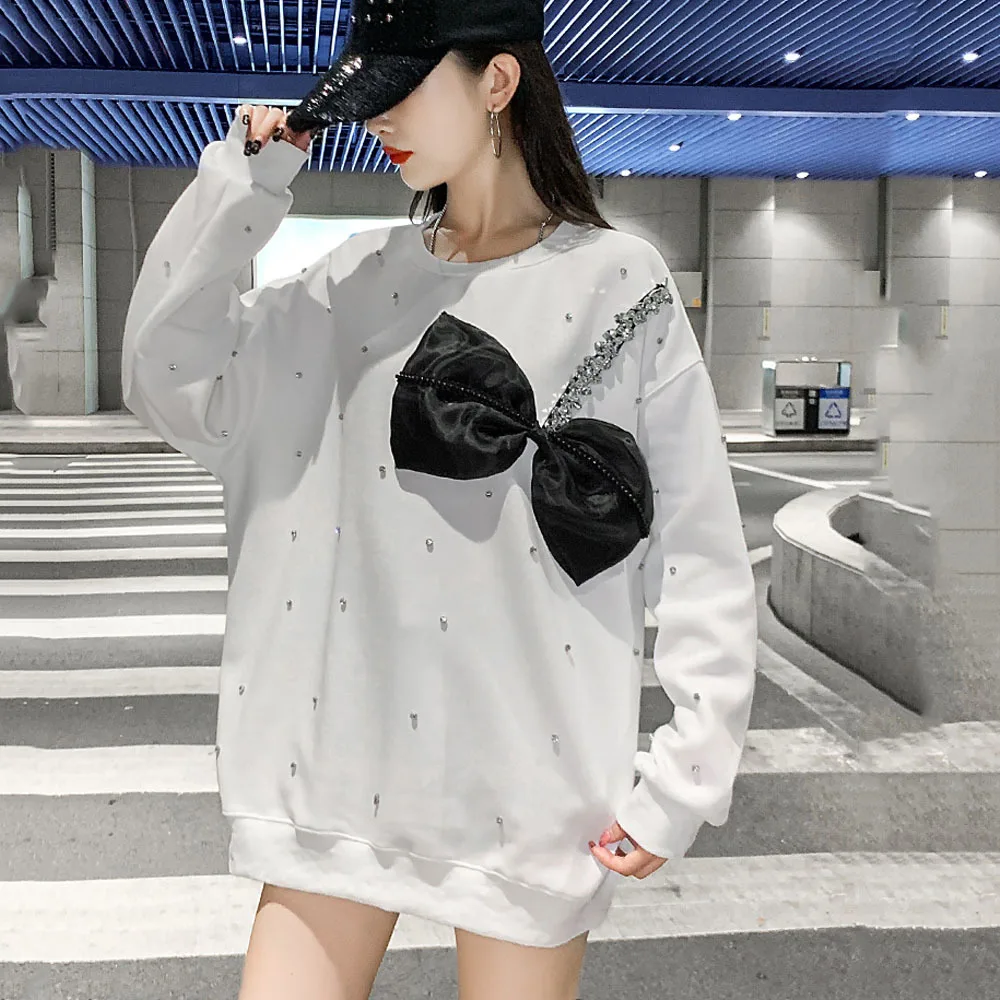 Fashion Diamond O-neck Women Sweatshirts Casual Loose Heavy Industry 4XL Long Sleeve Big Bow Sweatshirt Oversize Female Tops Y2k