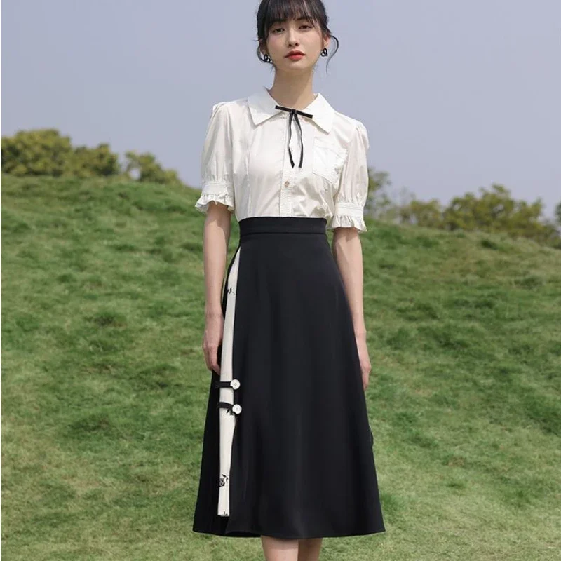 New 2025 Chinese Style Women Skirts High-waisted A-line Splicing Summer Floral Printed Fashion Skirt Woman