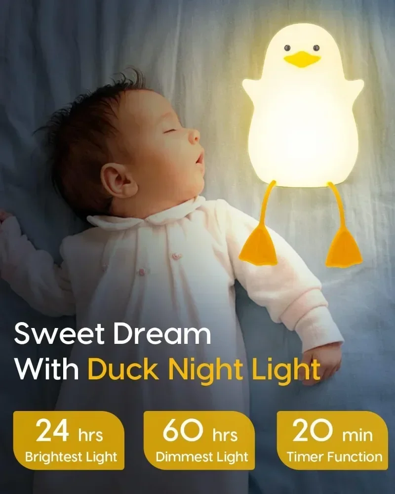 Children's Night Light with 2 Color Changing Modes and Dimming Function Rechargeable LED Night Light Cute Duck Shape