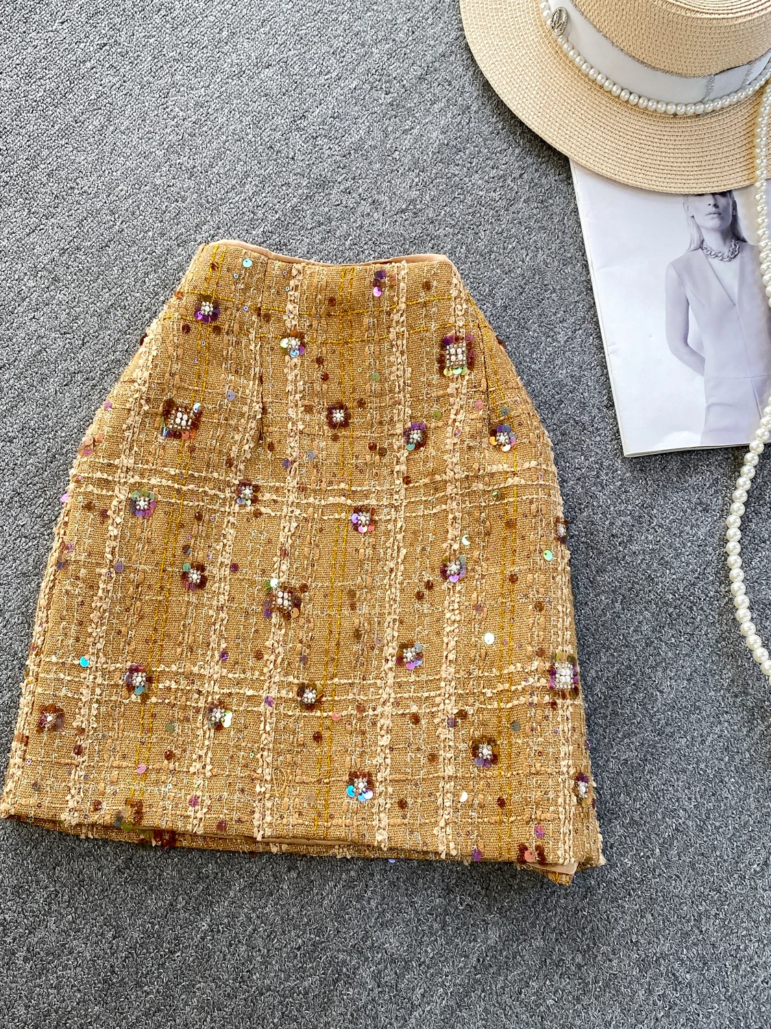 Ele Heavy Embellied Sequin Tweed Slim Fit Damenrock Luxus SLE High Waist Ballkleidrock mit