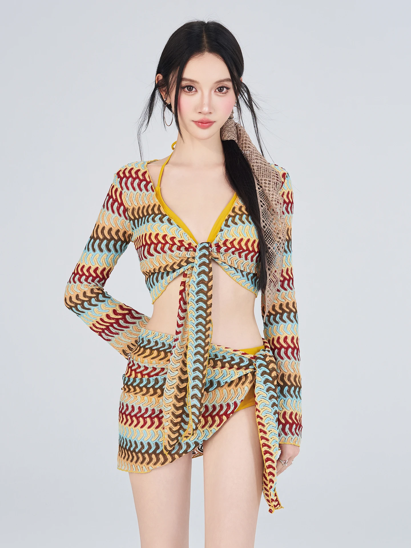 

Summer Sexy Bikini Set Women's Beautiful Four-Piece Suit for Hot Springs V-Ne Long Sve Swimsuit with Chest Pad Support