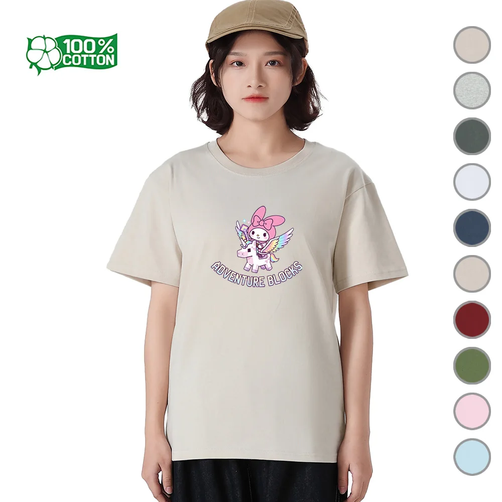 

Футболка Kuromi My Melody Friendship Battle Pixel Sanrio Blocky Design, мягкий 100% хлопок, унисекс, повседневный топ с круглым вырезом