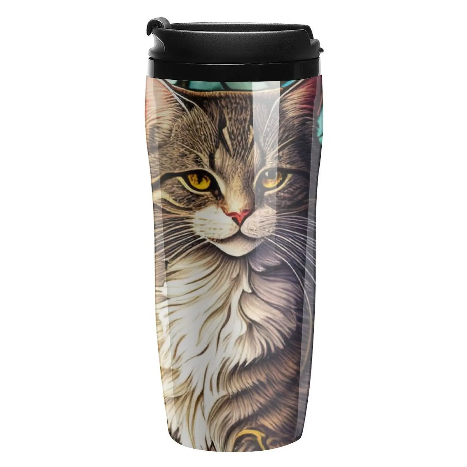 Cat Stained Glass Coffee Mug to Go Colorful Flowers Camping Hot Drinks Water Bottle Keep Heat Customize 350ml Plastic Cup