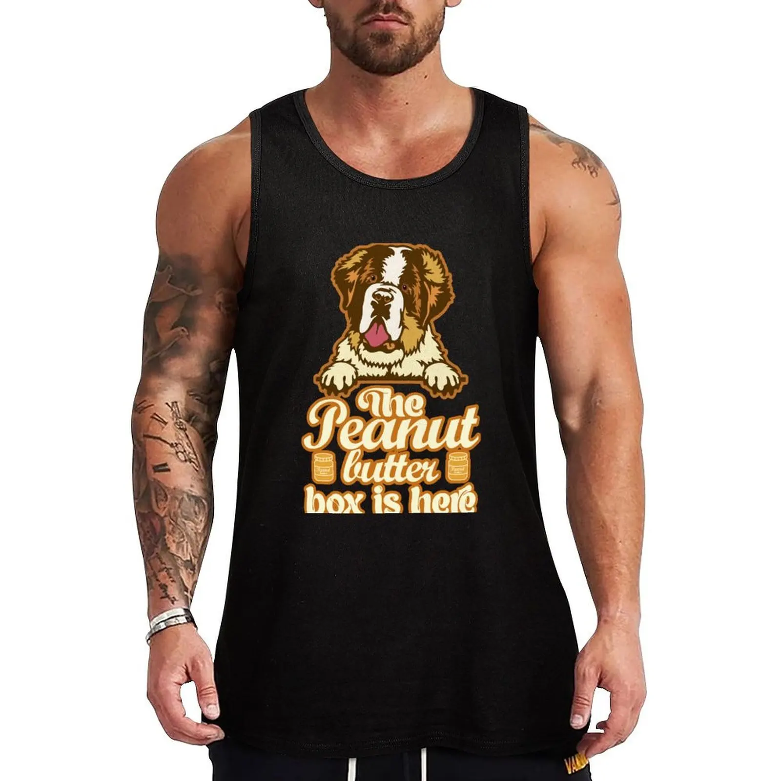 The Peanut Butter Box Is Here: Funny St. Bernard Dog Commercial Humor Tank Top Work Outdoor Tank Top Heavy Duty Sleeveless Shirt