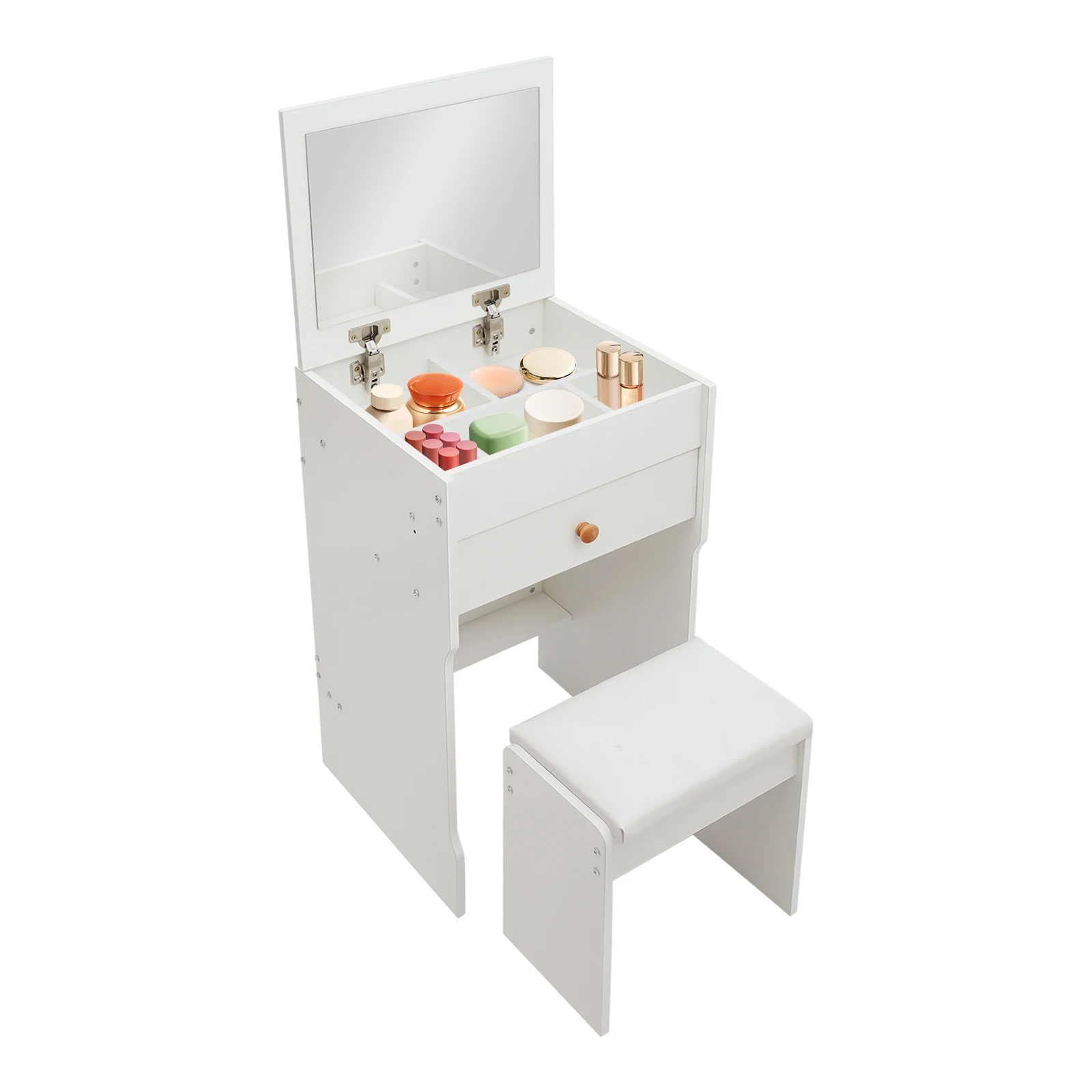 Ensemble de coiffeuse blanche avec tabouret assorti, miroir rabattable dissimulé, multiples compartiments de rangement, bureau de maquillage léger, meuble organisateur multifonctionnel pour chambre à coucher, pour filles et femmes, rangement quotidien pour produits de soin, bijoux et maquillage.