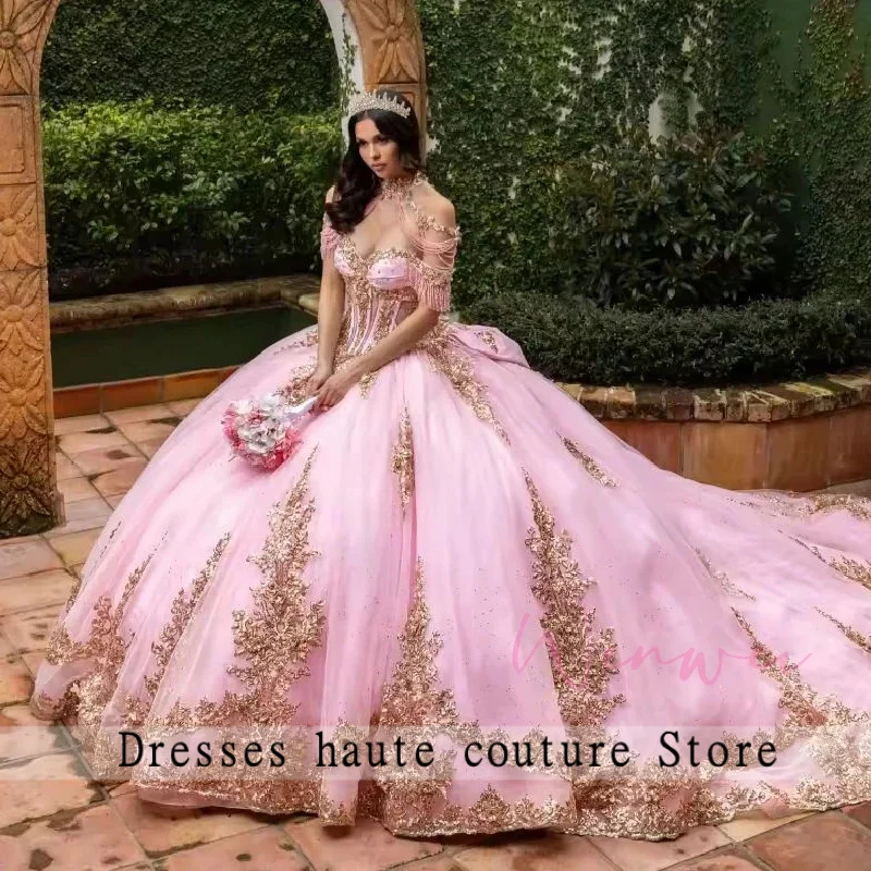 

Customized Shiny Pink Ball Gown Gold Lace Quinceanera Dress Applique Beading Sweet 16 Gown vestidos de 15 quinceañera