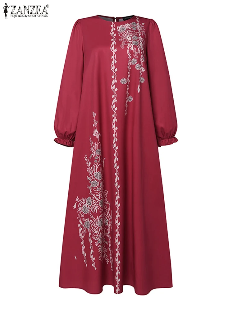 ZANZEA Long Sleeve Islamic Long Robes Abaya Women Muslim Fashion O Neck Casual Vestidos Loose Turkey Floral Printing Maxi Dress