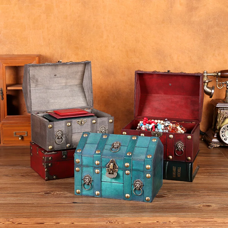 Pirate Treasure Chest With Lock Wooden Lockable Trinket Box Vintage Design Money Coin Decor Storage Box Jewelry Box