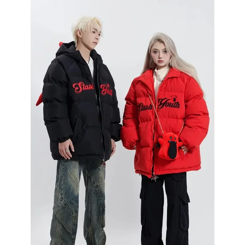 

Winter Fashion Embroidery Hooded Parkas Men Women Y2k Hip Hop Devil Horn Wing Padded Jackets Harajuku Puffer Coats Unisex Coat