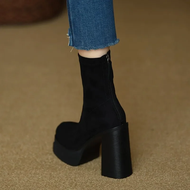 Shoes for Women 2023 Fashion Winter Women Boots Mid-Calf Solid Color Flock High Heels Water Proof Zipper Chunky Heel Shoes Women